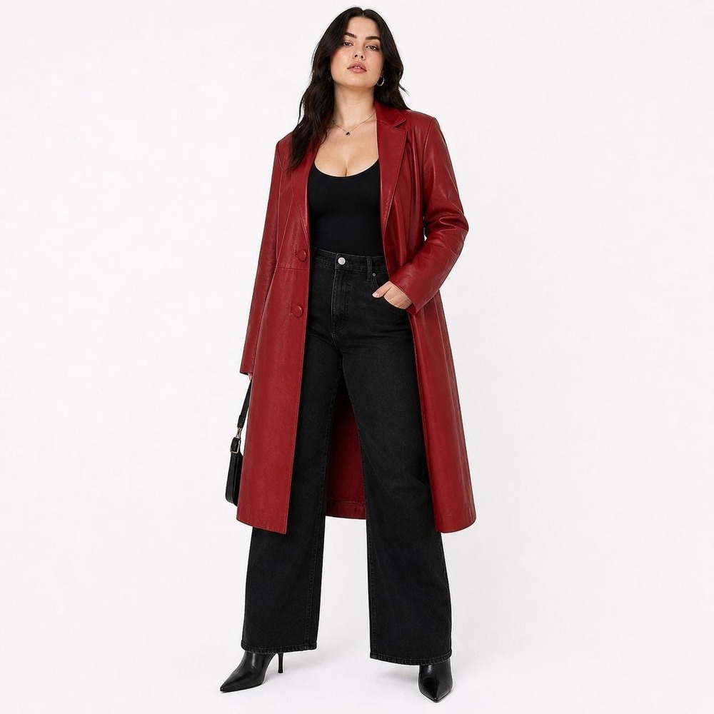 80s Vintage Red Leather Oversized Maxi Coat Womens M Shoulder Pad Minimalist Mod